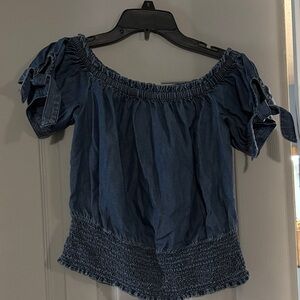 Express Navy Blue Off-Shoulder Smocked Hem Top